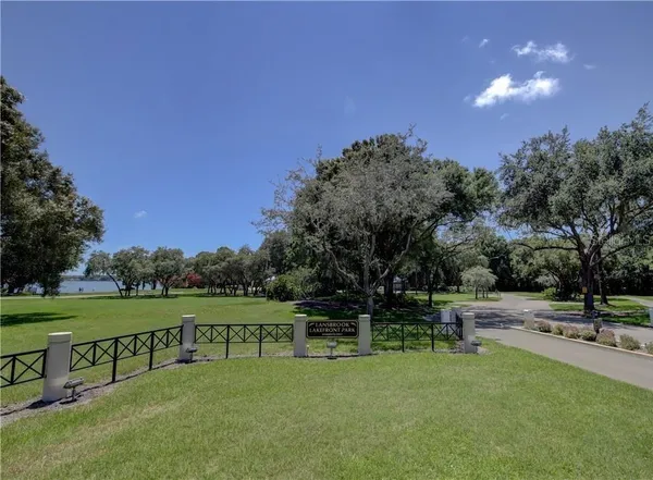 a view of a park with large trees