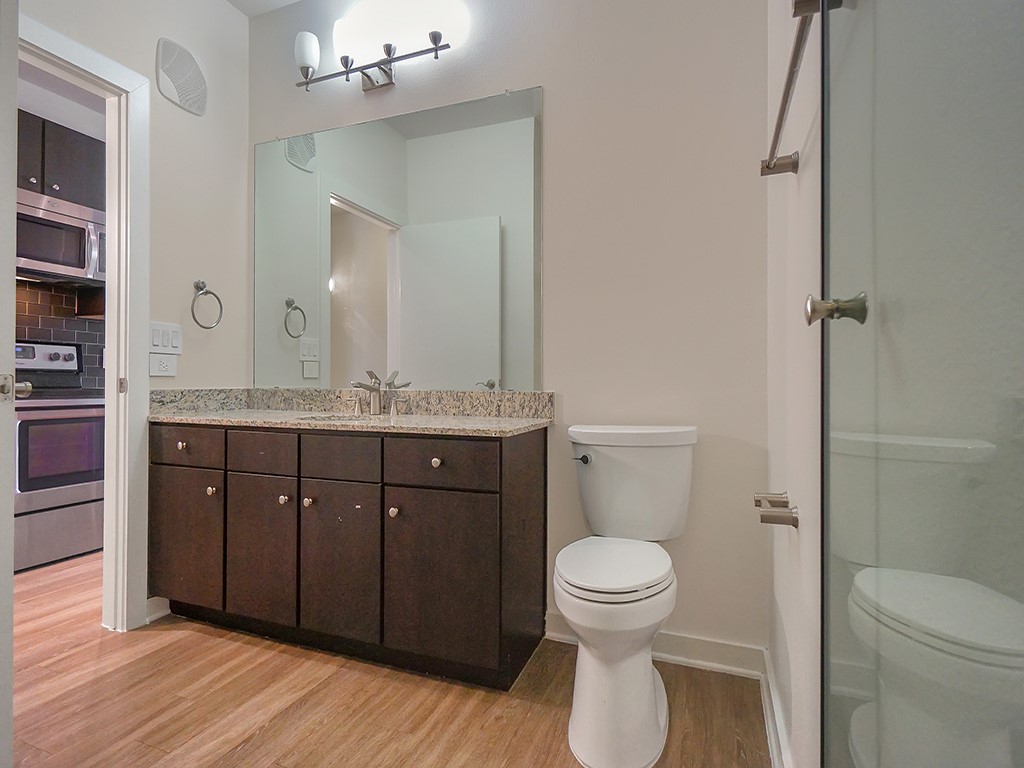 1900 Barton Springs Road, Unit 4013A Austin, TX 78704 - Photo 26 of 31 a bathroom with a granite countertop toilet sink and mirror