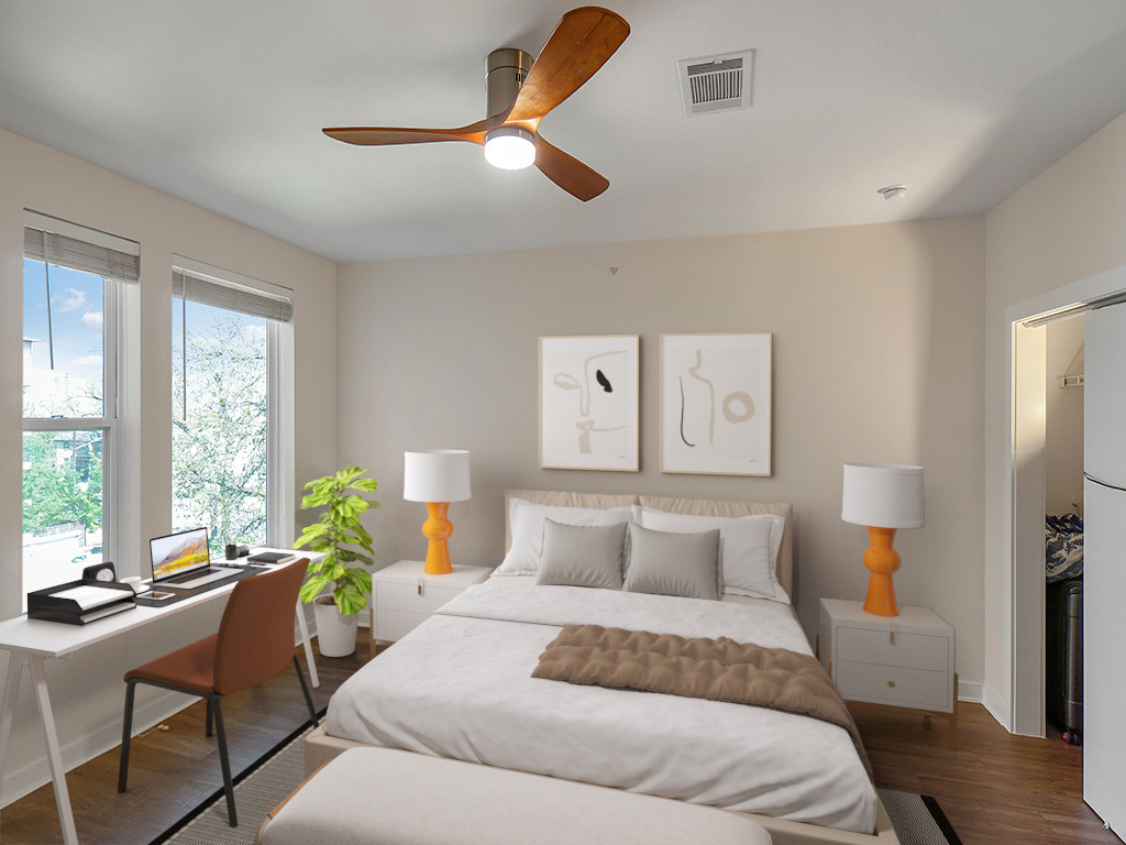 1900 Barton Springs Road, Unit 4013A Austin, TX 78704 - Photo 6 of 31 a bedroom with a bed a large window and potted plant on the dresser