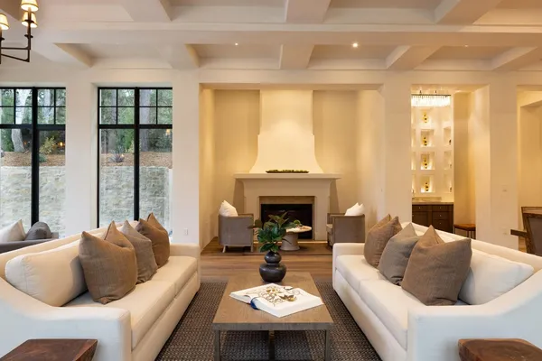 a living room with furniture and a fireplace