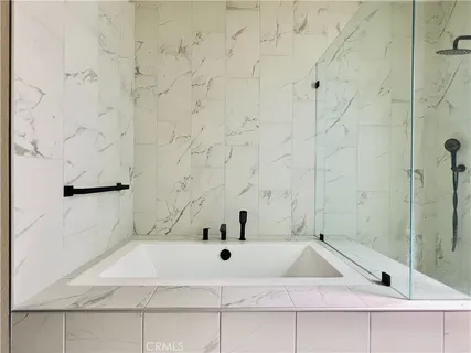 a bathroom with a bathtub and shower