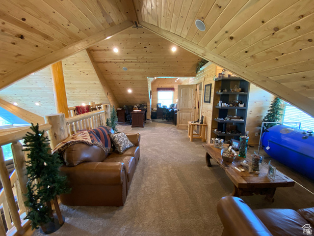 79 Auburn Forest Road Auburn, WY 83111 - Photo 45 of 76 Carpeted living room featuring wooden ceiling and wood walls