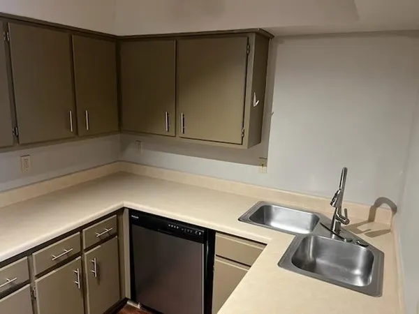 a kitchen with a sink and cabinets