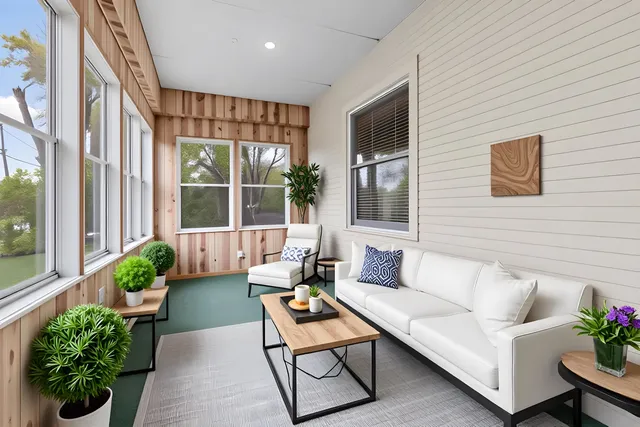 a living room with furniture and a potted plant