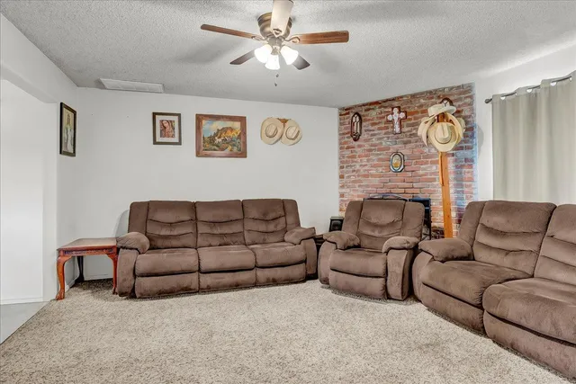 a living room with furniture ceiling fan and a fireplace