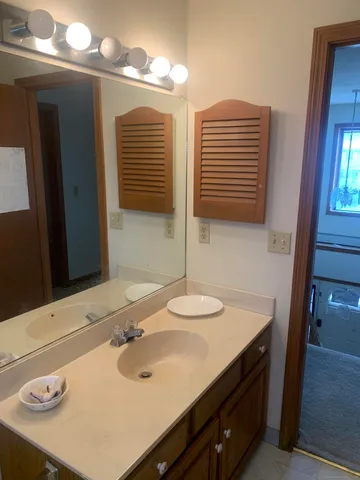 a bathroom with a sink and a mirror