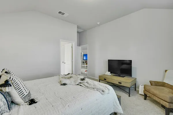 a bedroom with a bed and a couch