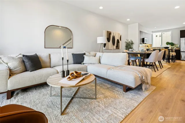 a view of a dining room with furniture