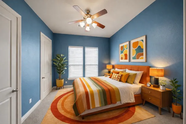 a view of a big room with closet and a chandelier fan