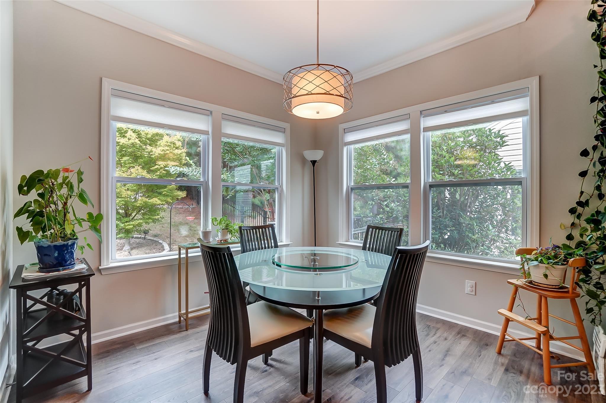 1862 Larkspur Way Tega Cay, SC 29708 - Photo 17 of 37 a dining room with wooden floor a chandelier a wooden table and chairs