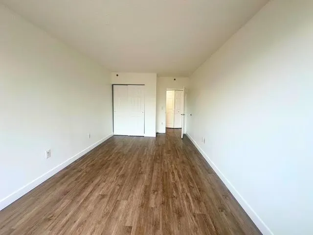 a view of empty room with wooden floor
