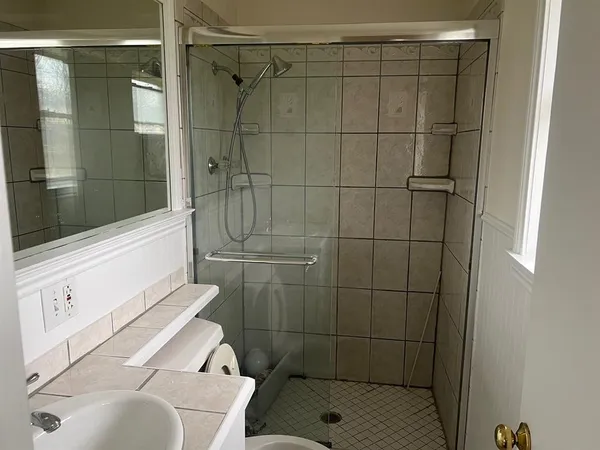a bathroom with a shower and a sink
