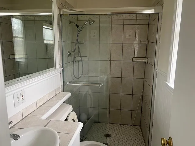 a bathroom with a shower and a sink