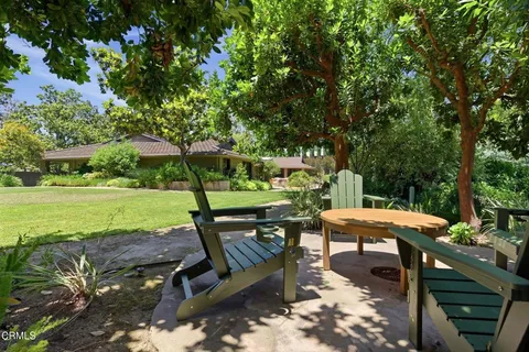 a view of a patio with table and chairs potted plants and large tree