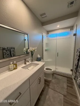 a bathroom with a double vanity sink toilet mirror and shower