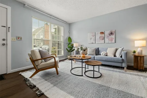 a living room with furniture a rug and a large window