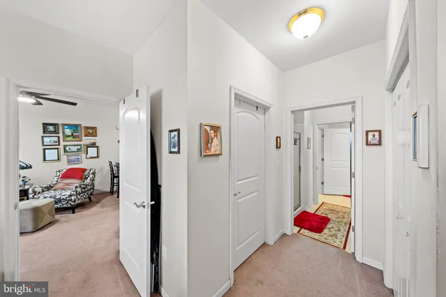 a view of a hallway with paintings on the wall