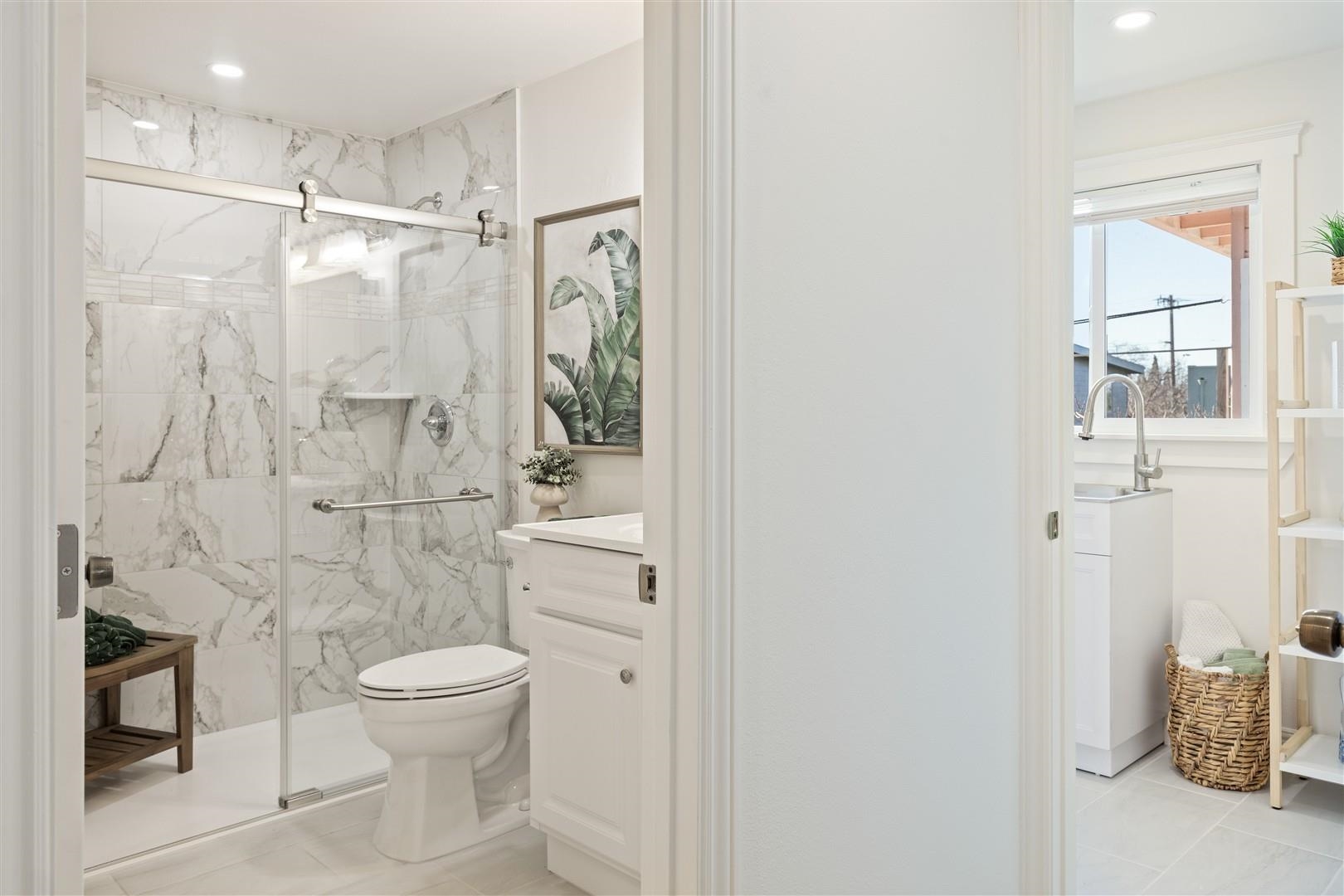 1524 Blake Street Berkeley, CA 94703 - Photo 22 of 59 Full bathroom with a marble finish shower, vanity, and recessed lighting
