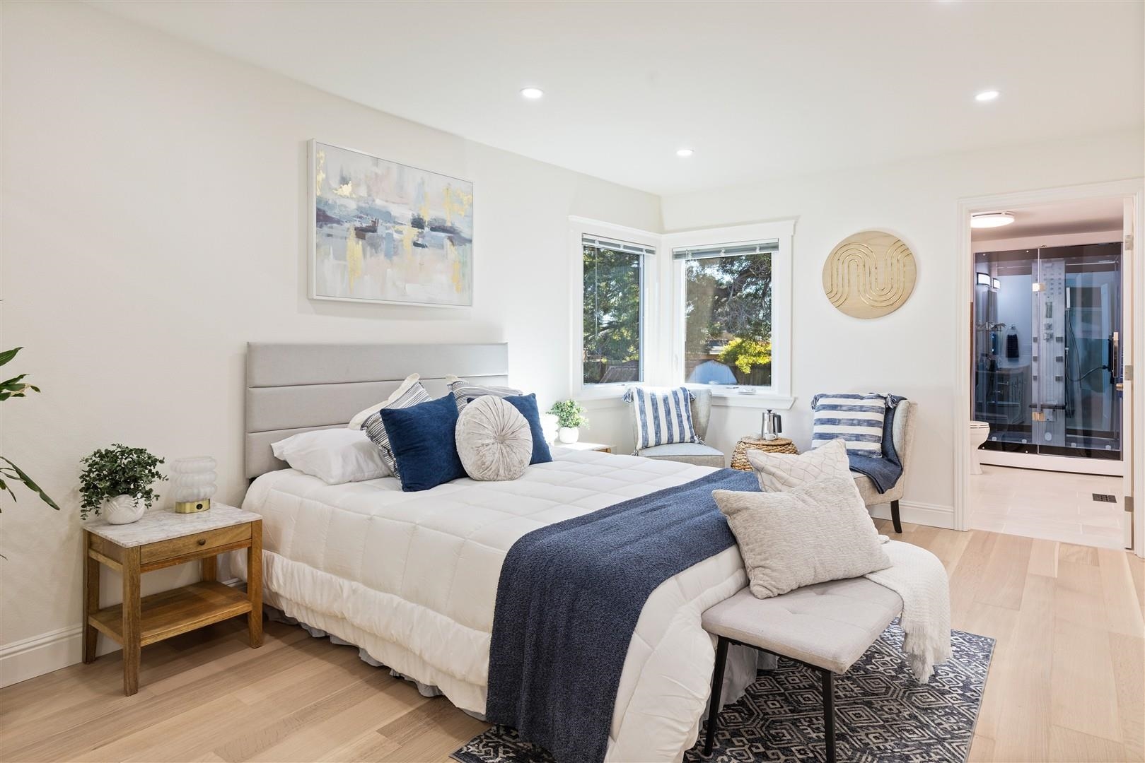 1524 Blake Street Berkeley, CA 94703 - Photo 27 of 59 Bedroom featuring light wood-type flooring, ensuite bath, and recessed lighting