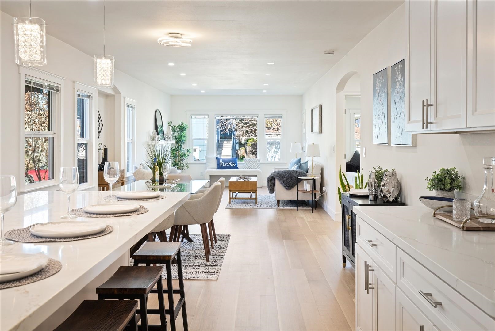 1524 Blake Street Berkeley, CA 94703 - Photo 32 of 59 Dining area featuring light wood-type flooring, arched walkways, and recessed lighting