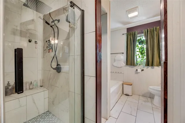 a bathroom with a shower and a toilet