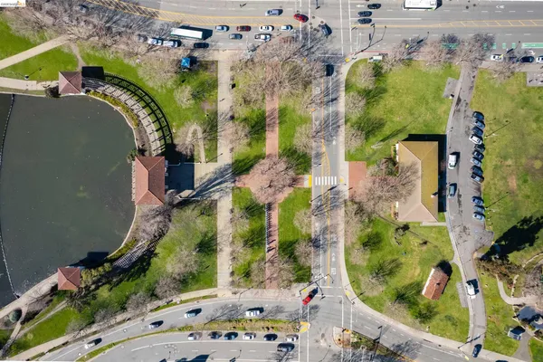 an aerial view of a swimming pool