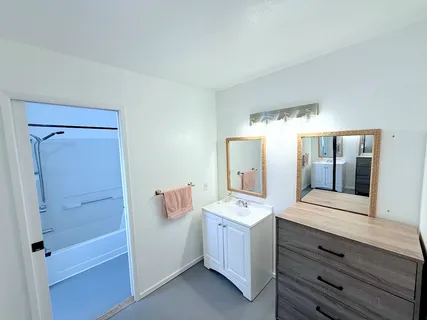 a bathroom with a double vanity sink a mirror and shower