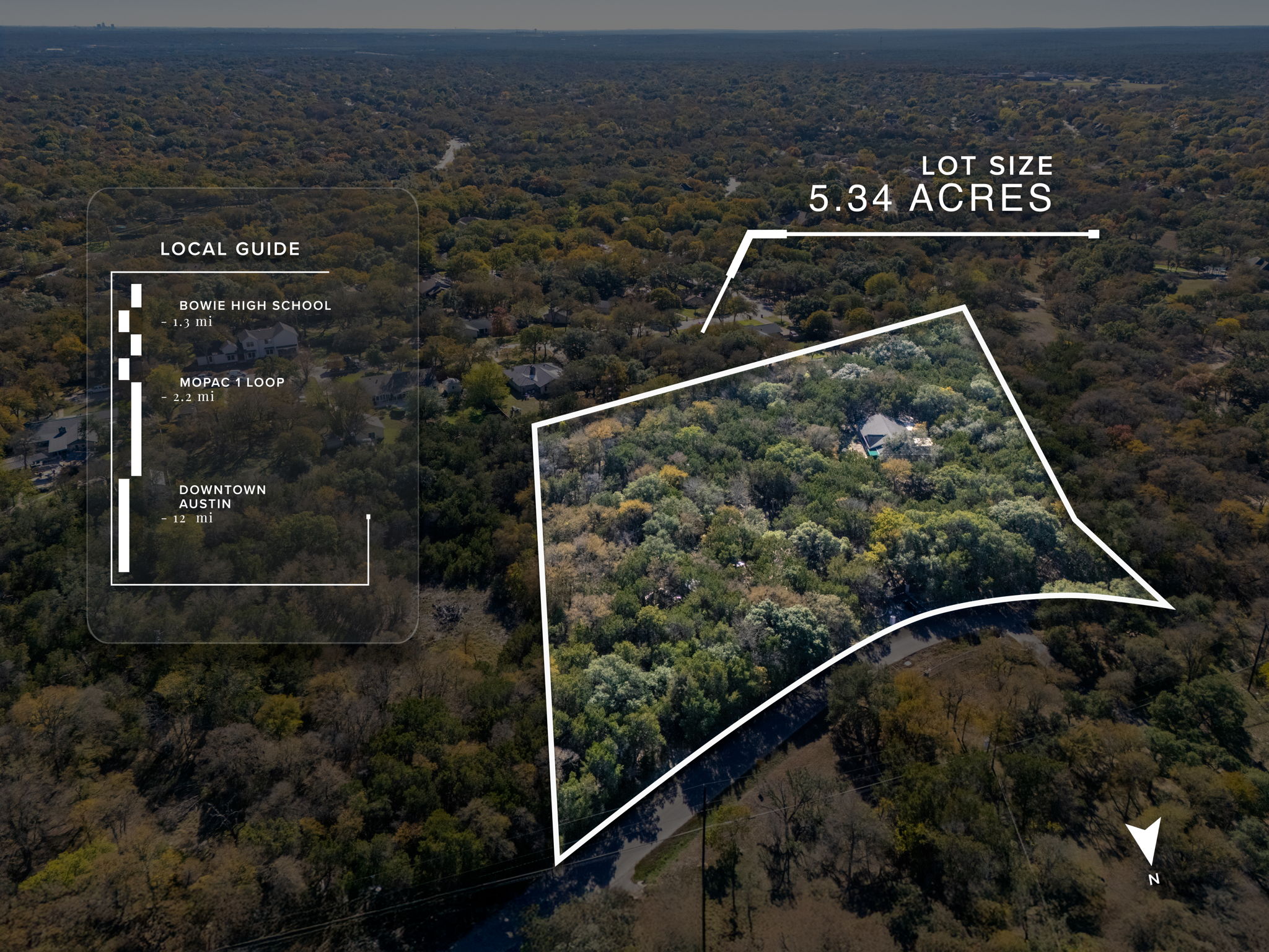 Aerial overview of property's location with a heavily wooded area and property parcel outlined