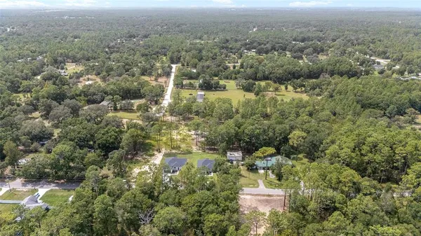 an aerial view of residential houses with outdoor space and trees