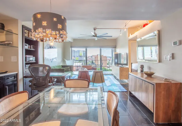 a view of a dining room with furniture