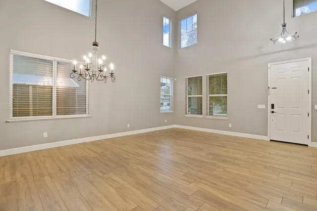 a view of a livingroom with wooden floor and a potted plant