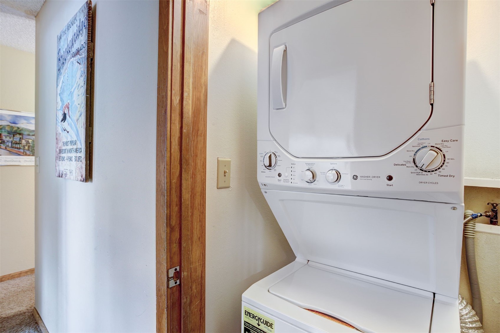 400 4 O Clock Road, Unit A Breckenridge, CO 80424 - Photo 21 of 31 Washroom featuring stacked washing machine and dryer and carpet flooring