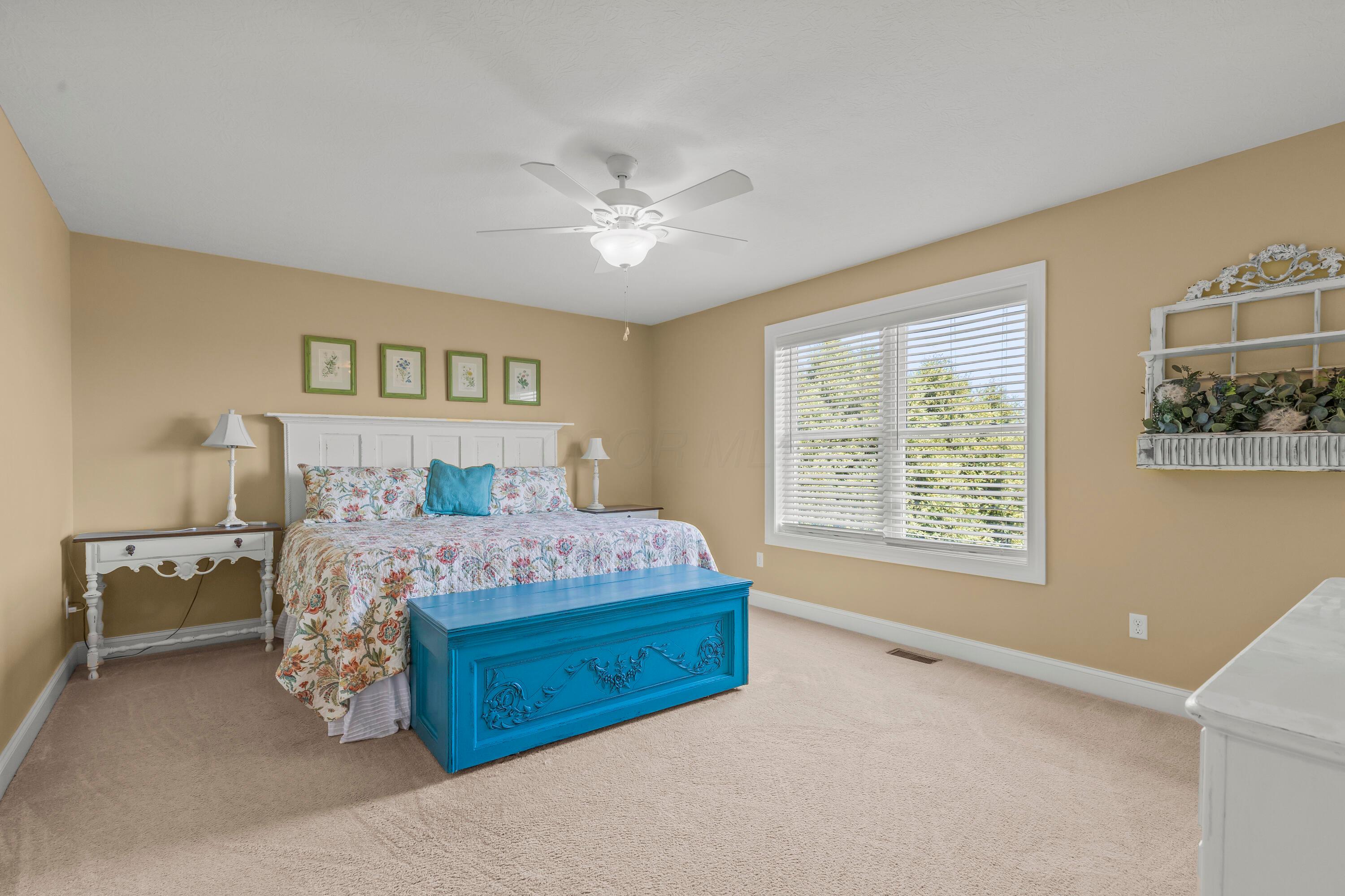3582 Panhandle Road Delaware, OH 43015 - Photo 11 of 65 • Light sand carpet • Tan painted walls • Lighted ceiling fan • Headboard does not remain • 2” blinds