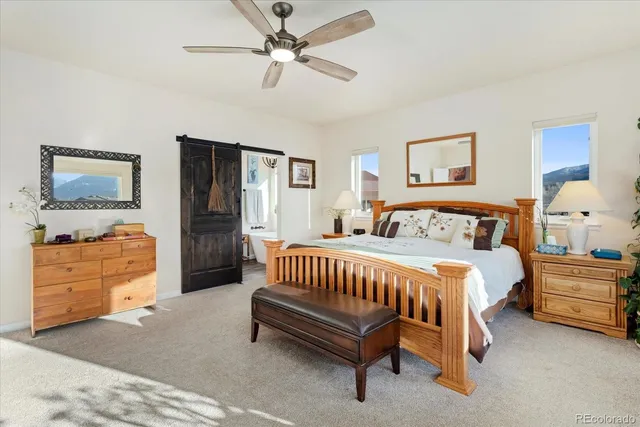 a spacious bedroom with a bed and a dresser