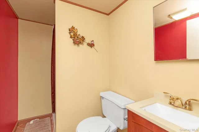 a bathroom with a sink mirror vanity and toilet