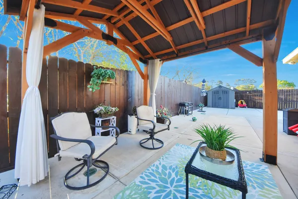 a building outdoor space with patio furniture