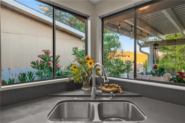 a kitchen with a potted plant on the roof window