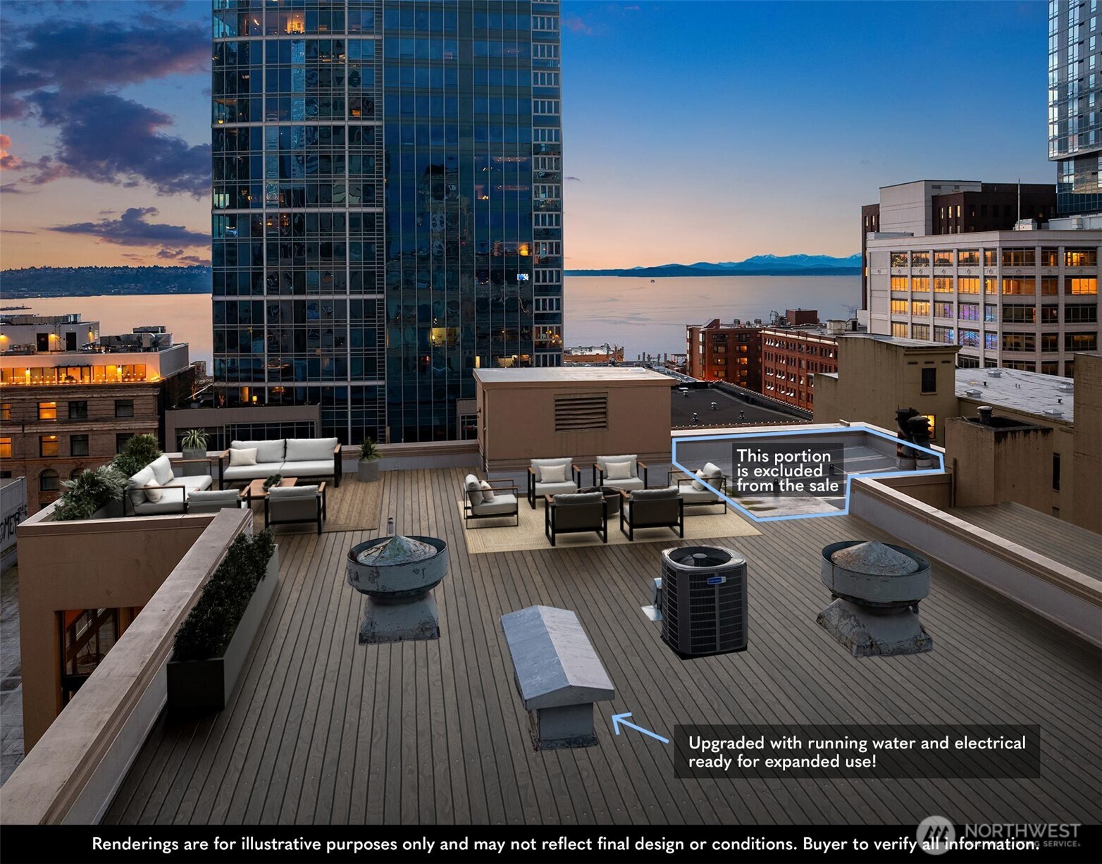 1519 3rd Avenue, Unit 801 Seattle, WA 98101 - Photo 34 of 40 a view of roof deck with seating space and a potted plant