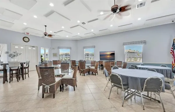 a view of a dining room with furniture
