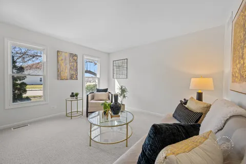a living room with furniture and a potted plant