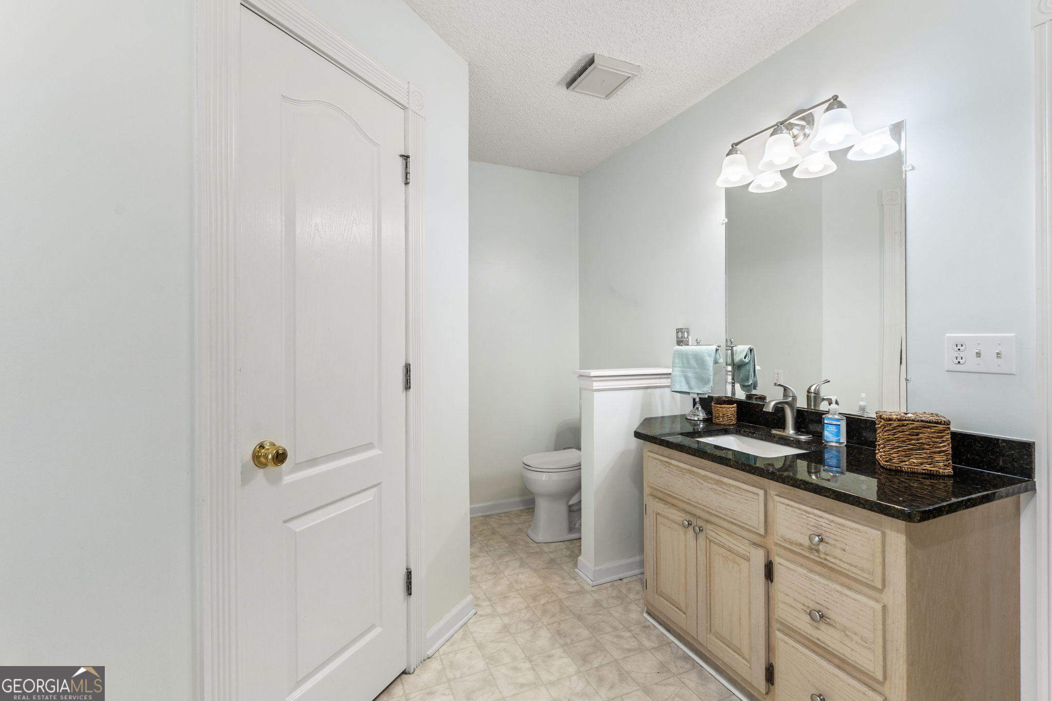 119 Moll Drive Cochran, GA 31014 - Photo 35 of 66 a bathroom with a granite countertop sink a toilet and a mirror