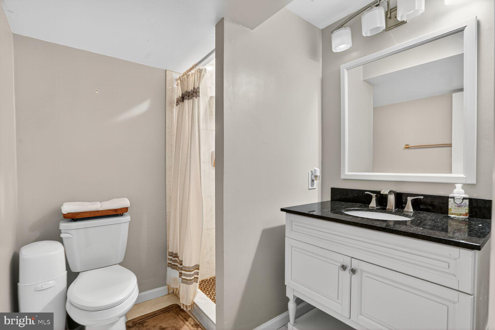 4004 David Lane Alexandria, VA 22311 - Photo 21 of 25 a bathroom with a granite countertop toilet a sink and a mirror