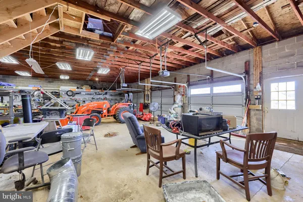 a view of a garage with storage