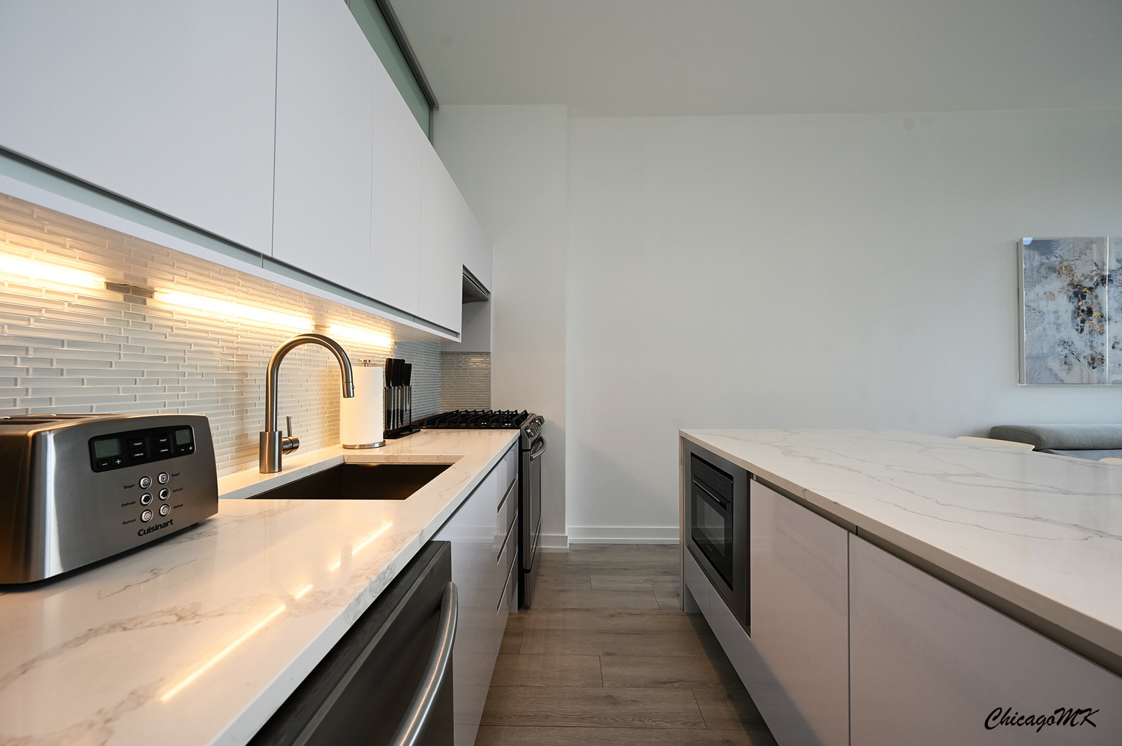 235 West Van Buren Street, Unit 2213 Chicago, IL 60607 - Photo 12 of 31 a kitchen with stainless steel appliances granite countertop a sink and a stove next to a window