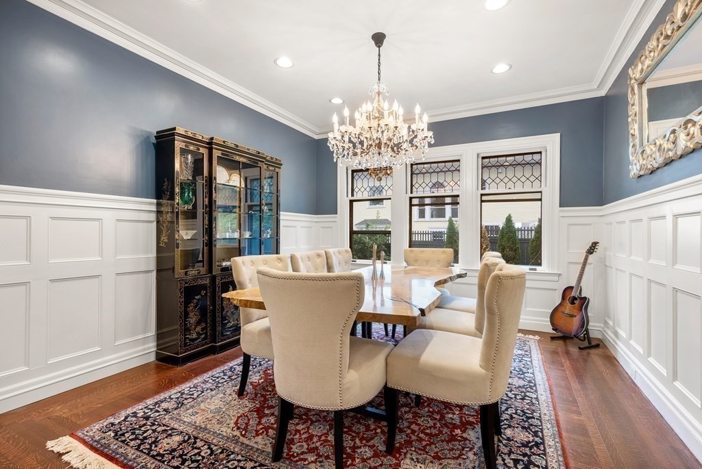 19 Burnham Road Newton, MA 02465 - Photo 8 of 30 a view of a dining room with furniture a chandelier and wooden floor