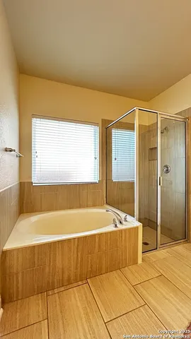 a bathroom with a bathtub and a shower