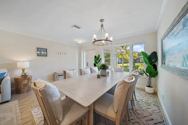 a view of a dining room with furniture a potted plant and wooden floor