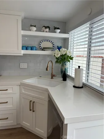 a kitchen with a sink white cabinets and potted plant
