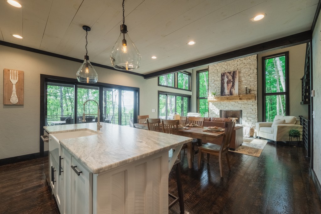 741 Price Road Blue Ridge, GA 30513 - Photo 7 of 58 a open kitchen with stainless steel appliances granite countertop a stove a refrigerator a kitchen island a couches and a dining table with garden view