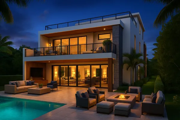 a outdoor living space with furniture and a fireplace